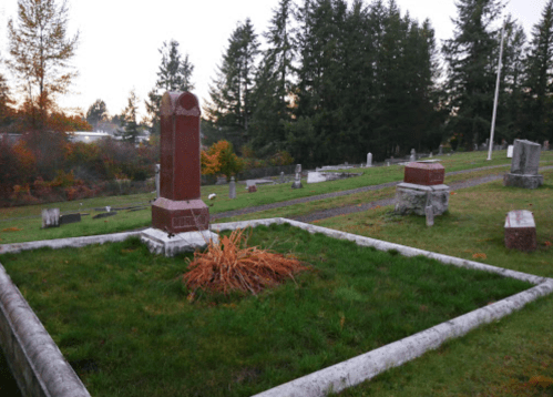 A cemetery scene with gravestones and a prominent monument surrounded by grass and trees in the background.