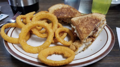 A plate with a toasted sandwich filled with chicken and a side of crispy onion rings.
