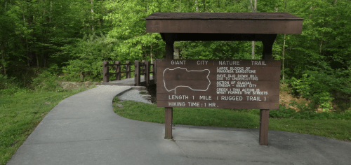 Sign for Giant City Nature Trail with information on trail length and hiking time, surrounded by lush greenery.