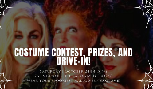 Promotional image for a Halloween event featuring a costume contest, prizes, and a drive-in movie on October 24.