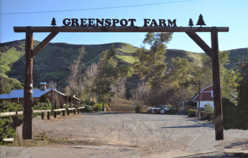 A wooden archway with "GREENSPOT FARM" sign welcomes visitors to a rural farm surrounded by green hills.