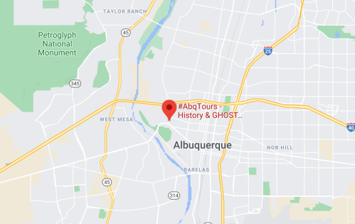 Map of Albuquerque, New Mexico, highlighting a location for #AbqTours - History & GHOST.