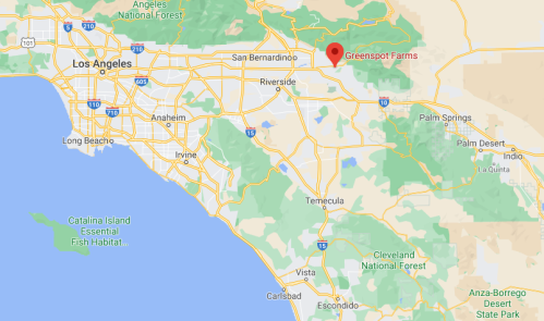 Map showing Los Angeles area with a marker for Greenspot Farms located northeast of the city.