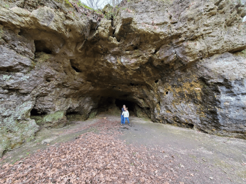 A person stands inside a large cave with rocky walls and scattered leaves on the ground.