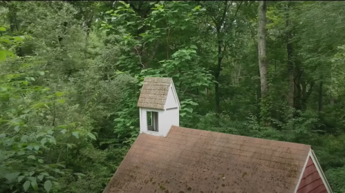 Aerial view of a rustic house with a shingled roof, surrounded by lush green trees in a forested area.