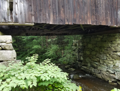 A wooden bridge over a stream, supported by stone walls, surrounded by lush greenery and trees.