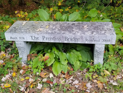 A stone bench with the inscription "The Prentiss Bridge" surrounded by green foliage and fallen leaves.