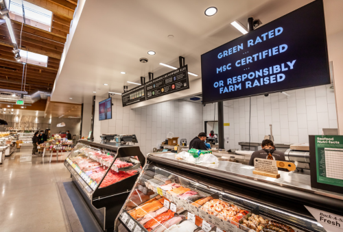 A seafood counter in a market displaying fresh fish with signs for sustainable sourcing options.