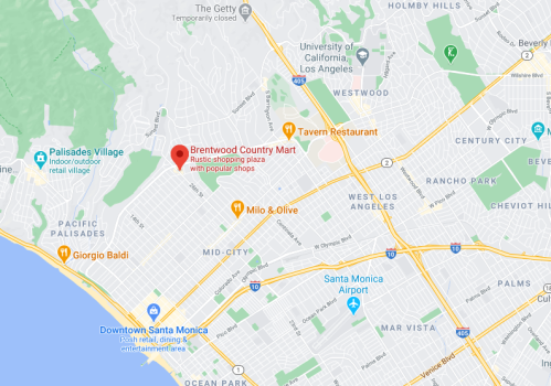Map showing Brentwood Country Mart, a rustic shopping plaza in Los Angeles, with nearby landmarks and roads.