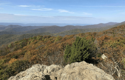 A panoramic view of rolling mountains covered in autumn foliage under a clear blue sky.