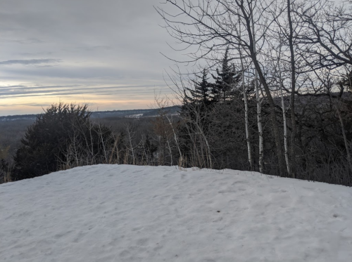 A snowy landscape with bare trees and a distant view of rolling hills under a cloudy sky at sunset.