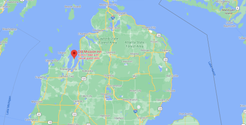 Map of Michigan highlighting the location of Old Mission Inn near Traverse City.