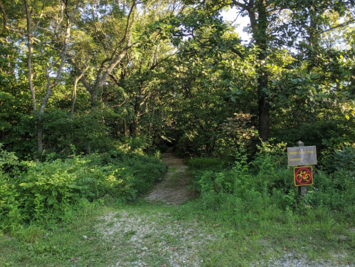 A narrow path leads into a lush green forest, with a sign indicating a bike trail on the right.