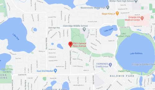 Map showing the location of 2501 General Rees Avenue, near lakes and schools in Baldwin Park, Orlando, Florida.
