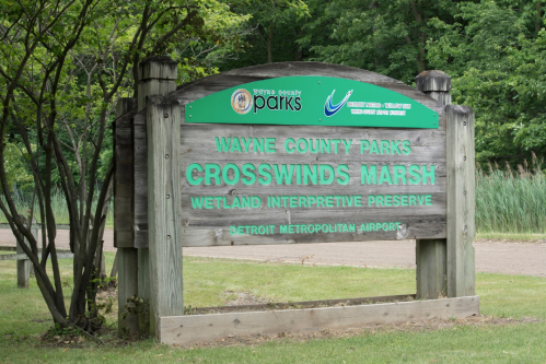 Sign for Crosswinds Marsh, a wetland interpretive preserve in Wayne County Parks near Detroit Metropolitan Airport.