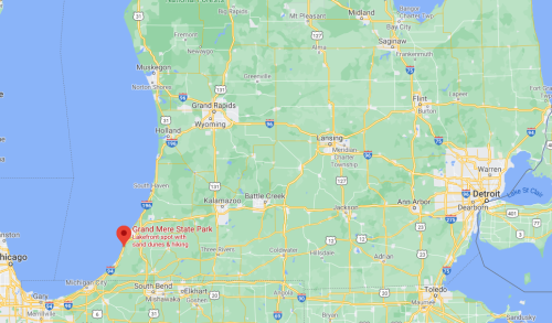 Map showing Grand Mere State Park in Michigan, highlighting its location near Lake Michigan and surrounding areas.