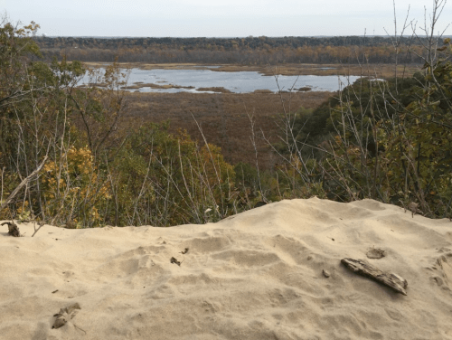 A sandy foreground overlooks a tranquil river and autumn-colored trees in the background.