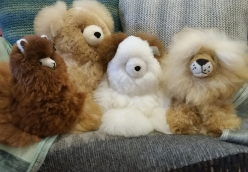 A group of four plush animal toys: a brown bear, a fluffy white dog, and two lions, one with a mane.