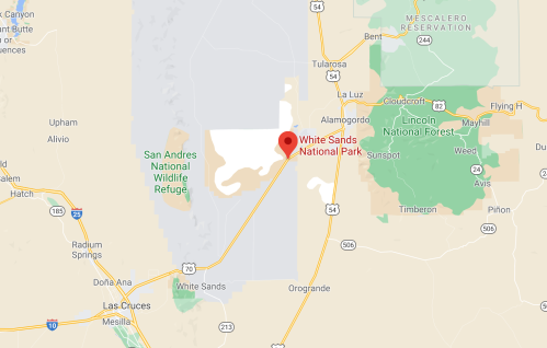 Map showing the location of White Sands National Park in New Mexico, near surrounding landmarks and towns.