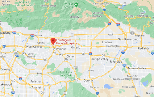 Map showing the location of Los Angeles Haunted Hayride, near Pomona, California, with surrounding cities and highways.
