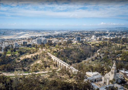 Aerial view of a cityscape with green parks, a bridge, and buildings under a blue sky with scattered clouds.