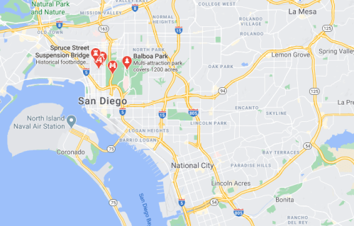 Map of San Diego highlighting Balboa Park and Spruce Street Suspension Bridge, with major roads and landmarks.