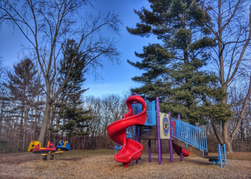 Colorful playground with a red slide, climbing structure, and spinning rides, surrounded by trees under a clear blue sky.
