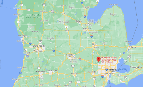 Map of Michigan highlighting the Proud Lake State Recreation Area near Detroit.
