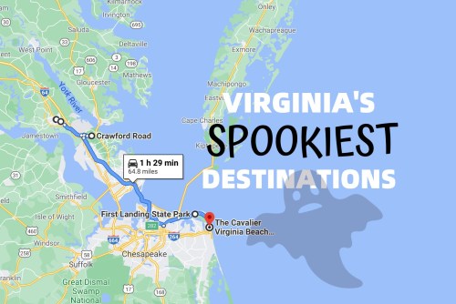 Map of Virginia highlighting spooky destinations, including First Landing State Park and Cavalier Virginia Beach.