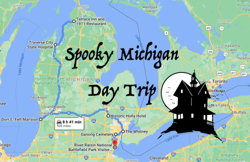 Map of Michigan highlighting a spooky day trip route with a haunted house graphic.
