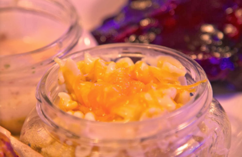 A close-up of a jar filled with creamy pasta topped with orange sauce, surrounded by colorful ingredients.