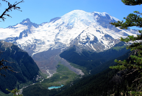 A majestic snow-capped mountain towers over a lush green valley and a serene blue lake under a clear blue sky.