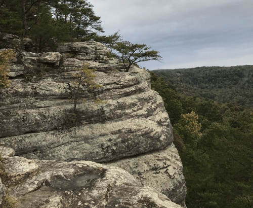 Rocky cliff edge overlooking a lush green valley under a cloudy sky.