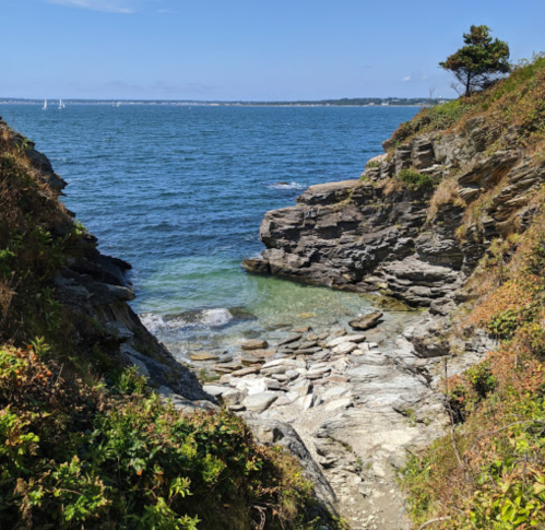 A rocky coastline with clear water, surrounded by greenery and distant sailboats on the horizon.