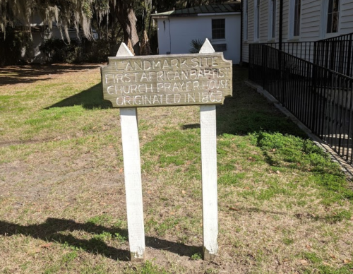 Sign marking the Landmark Site of the First African Baptist Church Prayer House, established in 1863.