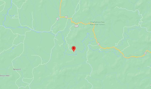 Map showing a location marked with a red pin in the Chattahoochee National Forest area.
