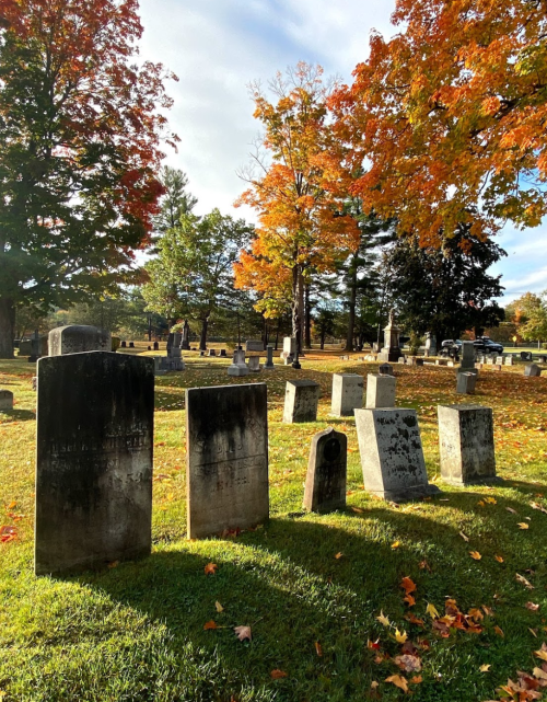 A serene cemetery scene with gravestones surrounded by vibrant autumn foliage and colorful leaves on the ground.