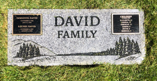 A granite family gravestone with "DAVID FAMILY" engraved, flanked by plaques for Immanuel and Rachel David, and children's names.