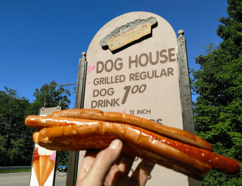 A person holds a large hot dog in front of a sign for "The Dog House," advertising grilled dogs and drinks.