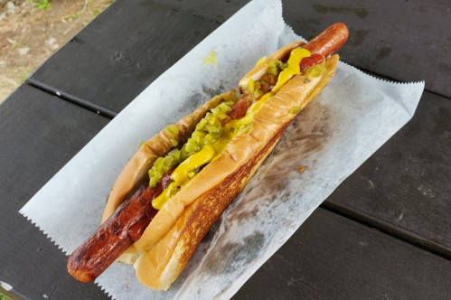 A grilled hot dog in a toasted bun, topped with mustard and relish, served on a paper tray.