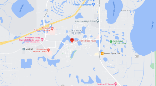Map showing the Lake Nona region, highlighting Tom Fruin's Glass House and nearby landmarks.