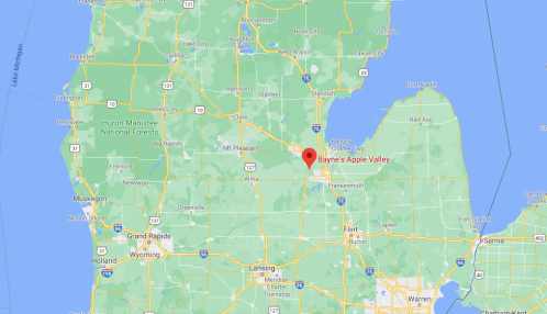 Map showing the location of Baynes Apple Valley in Michigan, near the center of the state.