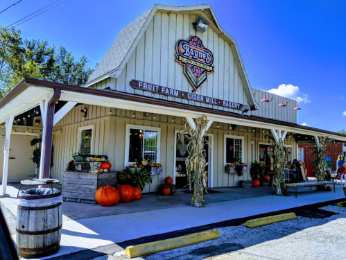 A charming fruit farm and cider mill with a bakery, featuring pumpkins and autumn decor outside under a clear blue sky.