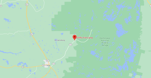 Map showing Griffits Fish Camp located near Williamsburg, within the Okefenokee National Wildlife Refuge.