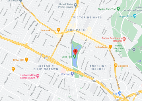 Map showing Echo Park and surrounding neighborhoods in Los Angeles, including Victor Heights and Historic Filipinotown.