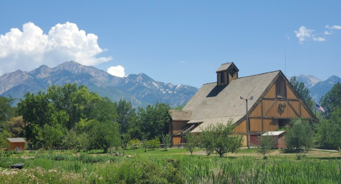 A rustic barn surrounded by greenery, with mountains in the background and a clear blue sky.