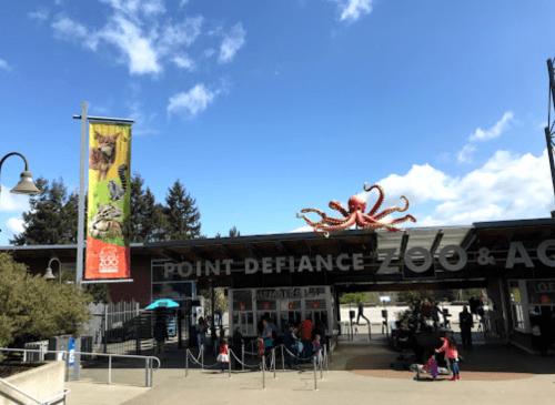 Entrance to Point Defiance Zoo & Aquarium, featuring a large octopus sculpture and visitors entering the zoo.