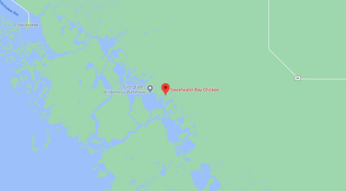 Map showing Sweetwater Bay Chickee located in the Everglades Wilderness Waterway, surrounded by water and greenery.