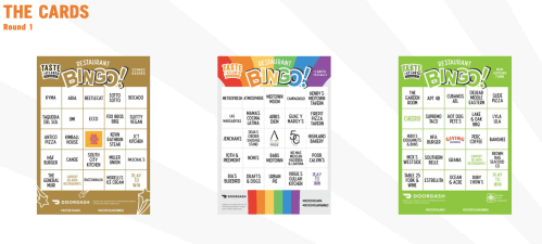 Three bingo cards for a restaurant-themed game, featuring various food items and restaurant names.