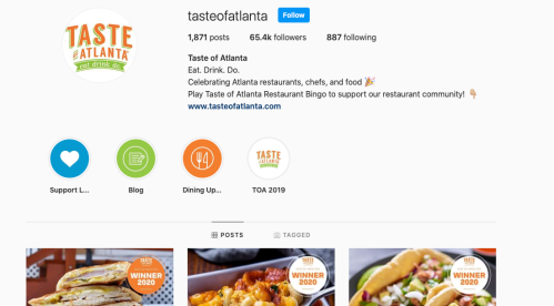 Instagram profile for Taste of Atlanta, showcasing food, restaurants, and community engagement with a festive theme.
